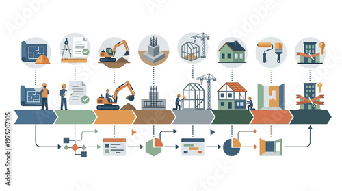 Construction Project Lifecycle Infographic showing Stages from Planning and Foundation to Building Completion, Real Estate Development Timeline with Flat Vector Icons