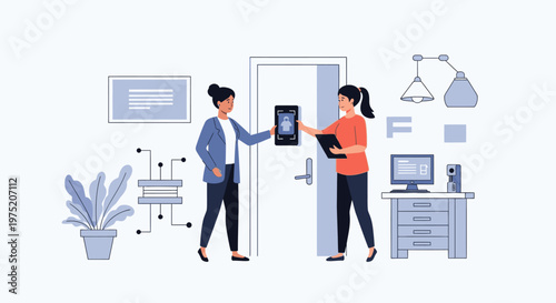 Two women interacting with a smart access control system in a modern office or home setting, illustrating IoT integration and digital property management solutions.