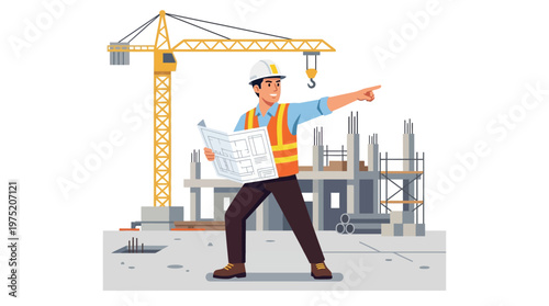 Construction Engineer with Blueprint at Building Site Illustration, Professional Architect in Hard Hat and Safety Vest Pointing at Project Scene, Vector Graphics