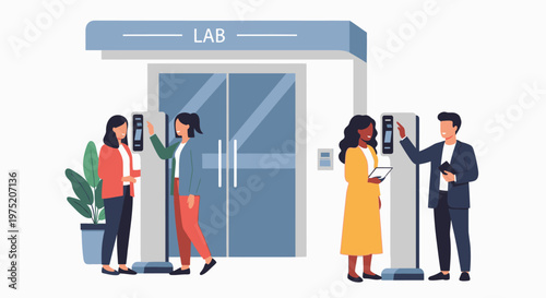 People using fingerprint scanners for access control at a modern laboratory entrance, emphasizing security and technology.