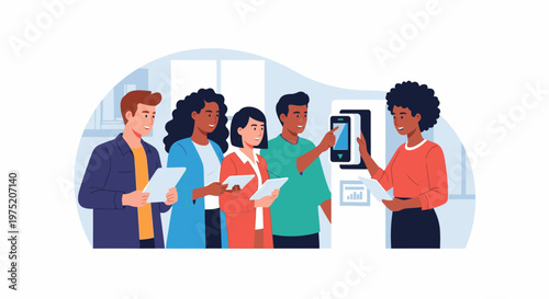 Diverse group of people learning to use a modern self-service kiosk or interactive display in a professional setting