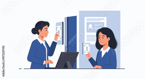 Two women in business suits interacting with technology at a counter, one pointing at a screen
