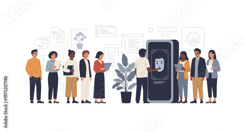 Diverse group of people interacting with a large smartphone screen displaying a face recognition interface