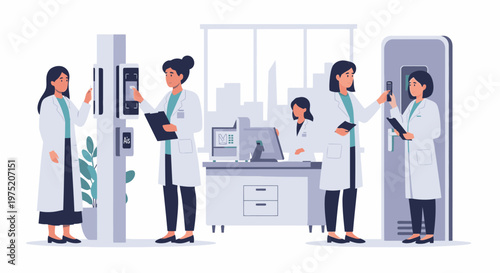 Scientists in laboratory coats working with modern equipment in a research facility, illustration