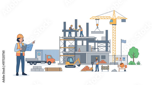 Construction Site Development with Female Engineer, Building Infrastructure, Industrial Machinery, and Workers Vector Illustration