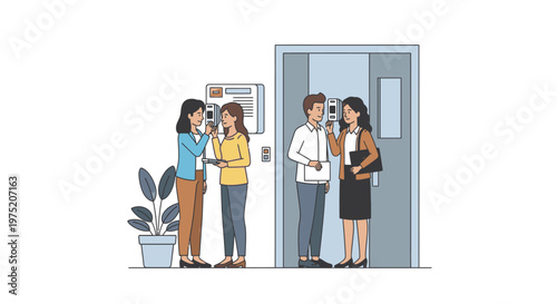 Business colleagues using mobile phones while waiting for elevator in office building hallway