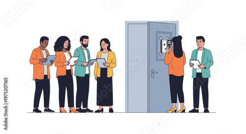 Diverse group of people waiting in line to be scanned by a thermal camera at a door, social distancing concept
