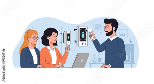 Man demonstrates contactless thermometer to women in office, temperature check for health safety and pandemic prevention