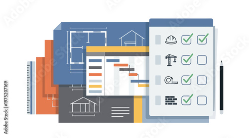 Construction Project Management Vector Illustration featuring Blueprints, Gantt Chart, and Task Checklist for Architectural Planning and Building Development