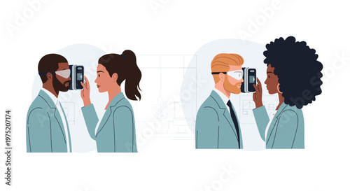 Diverse people undergoing eye exams with optometry equipment, representing healthcare and vision testing