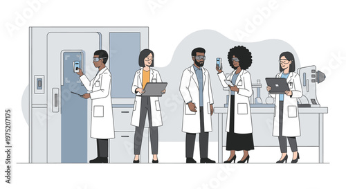 Diverse team of scientists in lab coats working with technology and equipment in a modern laboratory setting