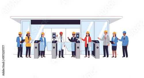 Diverse group of people in hard hats and lab coats entering a modern building through security turnstiles