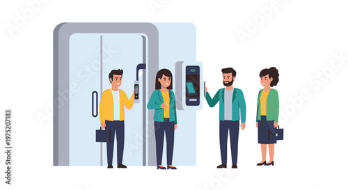 People using facial recognition for access control at an office building entrance