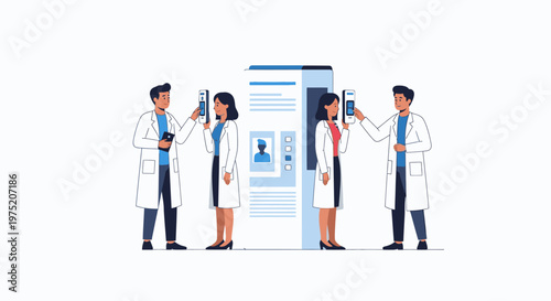 Medical researchers in white coats holding test tubes and looking at data on a screen, representing science and healthcare