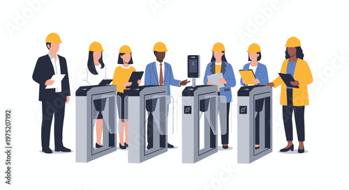 Diverse group of people in hard hats using security turnstiles for building access and entry control