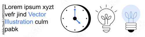 Creativity, idea generation, time management, productivity, innovation, energy efficiency. Clock pointing to specific time next to light bulb icons. Creativity and time management concept