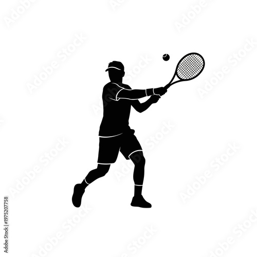 Dynamic silhouette illustration of a male tennis player hitting a powerful forehand stroke during a game, showcasing athletic movement and intensity