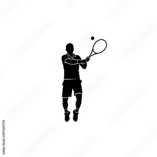 Minimalist vector silhouette of a tennis player mid-swing, hitting the ball with a racket, capturing the sport's energy and athleticism in a clean graphic design