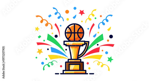 Basketball Championship Trophy with Confetti and Streamers - Victory Celebration