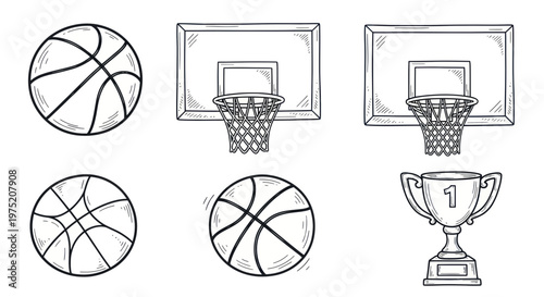 Basketball Elements: Balls, Hoops, Backboards, and Trophy - Hand-Drawn Style