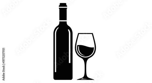 Black silhouette of wine bottle and glass with red wine on white background