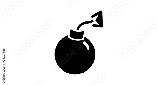 Cartoon Bomb Icon with Fuse Lit and Arrow