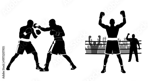 Boxing Match Silhouette: Fighters in Action and Victorious Champion