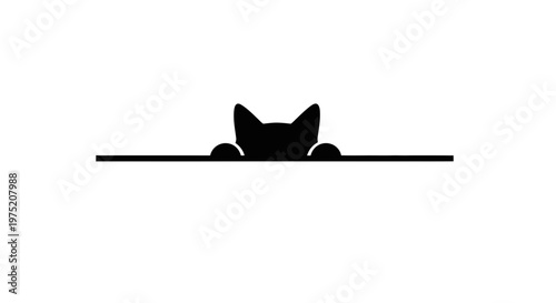 Curious Black Cat Peeking Over White Surface - Minimalist Silhouette
