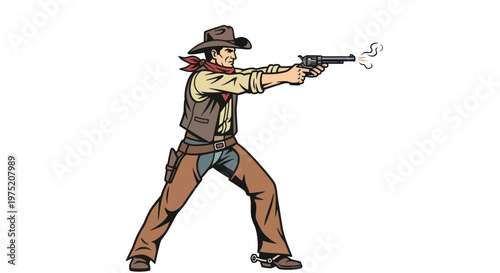 Cowboy shooting a revolver gun, western style, isolated on white background