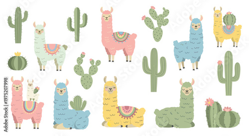 Cute Llamas and Cacti Collection, Cartoon Animal Vector Illustration
