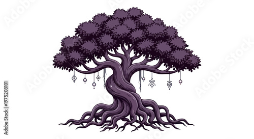 Mystical Pixel Art Tree with Ornate Roots and Hanging Charms