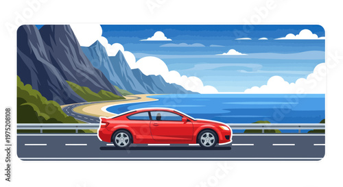 Pixel Art Red Sports Car Driving on Coastal Highway Scenic Ocean View