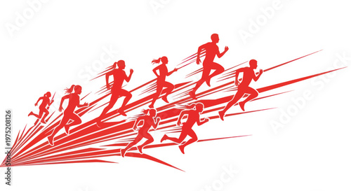 Red Silhouette Runners Competing in Race, Dynamic Motion Lines, Sprinting Athletes