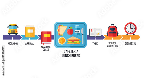 School Day Timeline Infographic with Icons: Morning to Dismissal