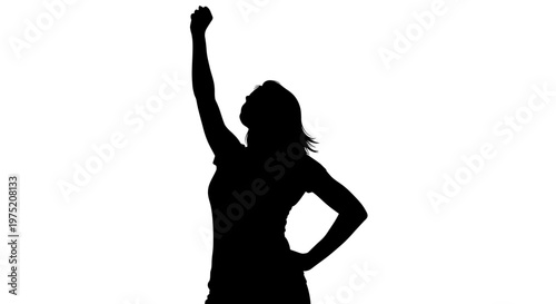 Silhouette of woman raising fist in victory, empowerment, protest, strength, success, isolated on white