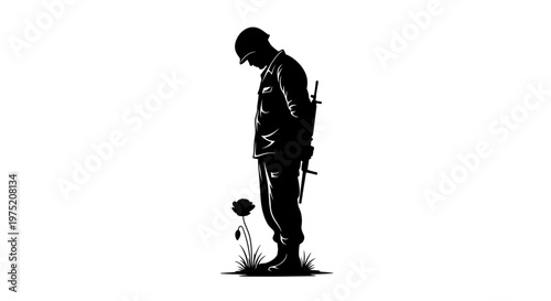 Silhouette Soldier Bowed Head Respecting Poppy Flower, Remembrance Day, War Memorial