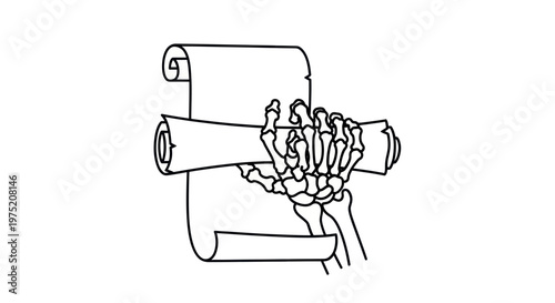 Skeleton Hand Holding Unfurled Scroll, Outline Drawing on White Background