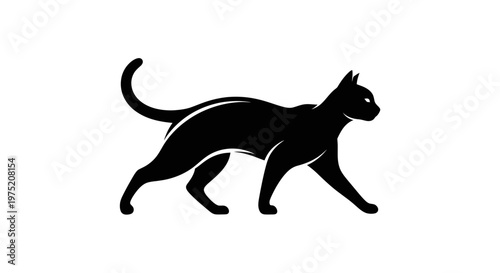 Sleek Black Cat Silhouette Walking Isolated on White Background, Elegant Feline