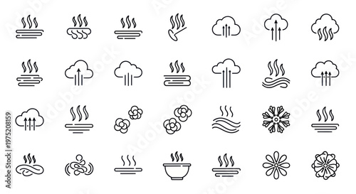 Steam and Smoke Icons Set: Heat, Hot, Cloud, Fog, Weather, Aroma, Cooking