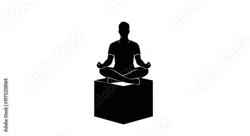 Silhouette Man Meditating Sitting on Cube