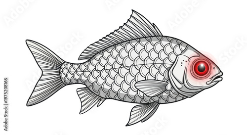 Stylized Fish with Red Glowing Eyes, Vector Illustration