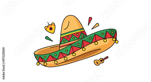 Traditional Mexican Sombrero Hat with Festive Decorations and Mariachi Guitar