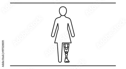 Woman with prosthetic leg, disability, medical, healthcare, support, icon, line art