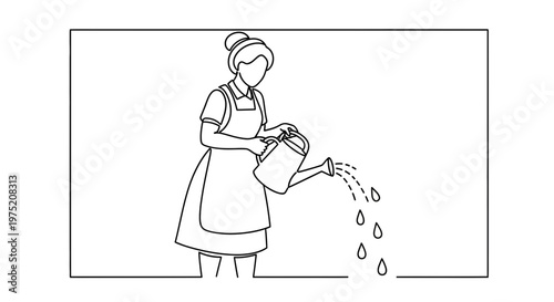 Woman watering plants with a watering can, line art illustration