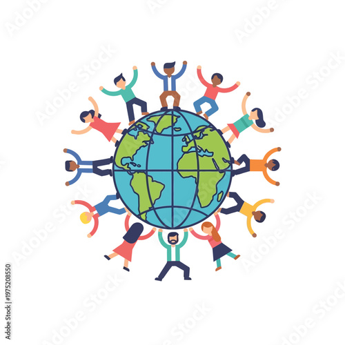 Flat Design Illustration of Global Unity with Diverse People Holding Hands Around Earth, Representing Friendship, Cooperation, and a Peaceful World