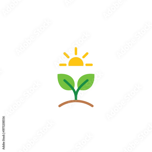 Vibrant flat design illustration of a young green plant seedling emerging from rich earth, flourishing under bright sunlight, symbolizing growth, renewal, and environmental prosperity