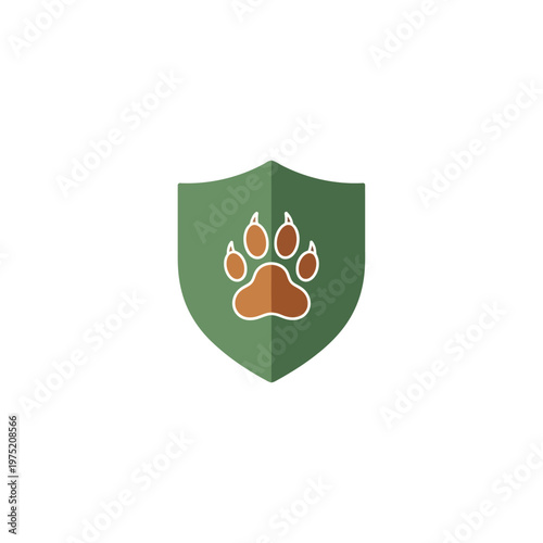 Green shield with paw print icon, representing animal protection, pet care, safety, and welfare. A symbol for wildlife conservation