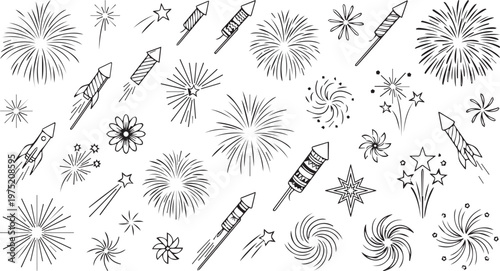 A lively hand-drawn collection of various fireworks explosions, rockets, and sparkling stars, perfect for celebrating holidays and festive events with a playful doodle style.
