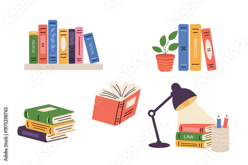 Set of various book compositions creative stacks for reading concept