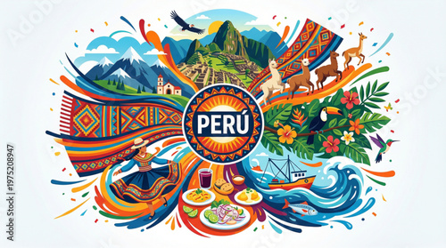 Peru Cultural Heritage and Gastronomy Colorful Illustration